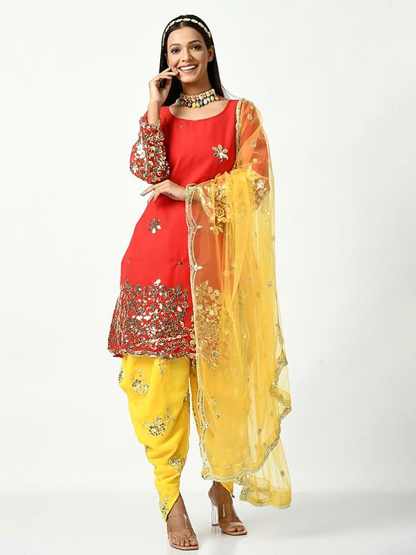 Red-Yellow Floral Pattern Embroidered Sequins Patiala Salwar-Suit with Heavy Net Dupatta