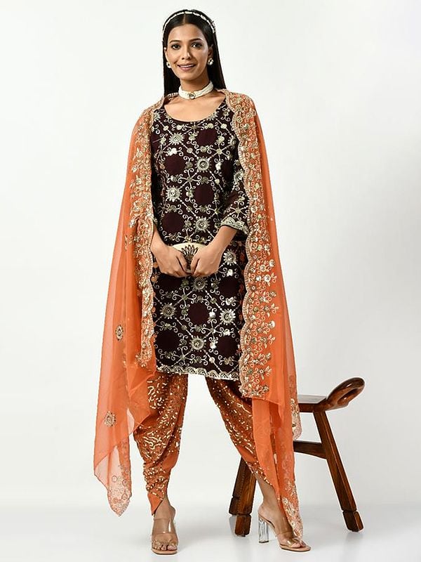 Black-Orange Floral Motif Embroidered and Embellished Sequins Patiala Salwar-Suit with Dupatta