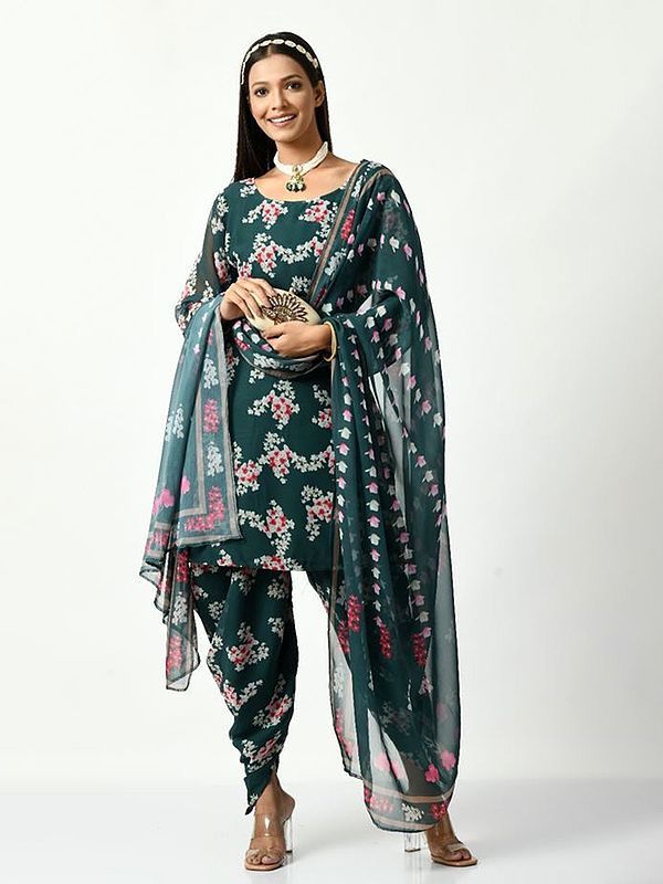 Dark-Teal Floral Motif Digital Printed Faux Georgette Salwar-Suit Set with Dupatta