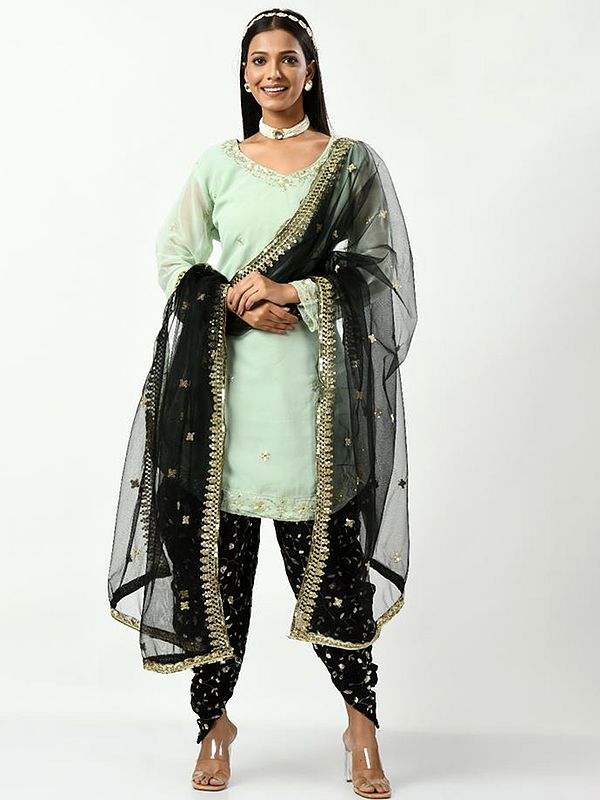 Light-Green Embroidered and Embellished Sequins Patiala Salwar-Suit with Heavy Net Dupatta