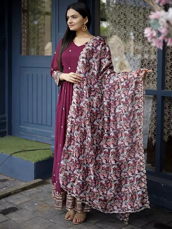 Blooming Georgette Wine Suit and Embroidered Zari Sequins-Work