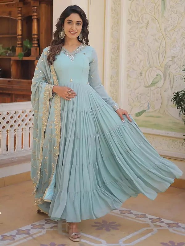 Georgette Sky Gown with Dupatta Designer and Embroidered Work