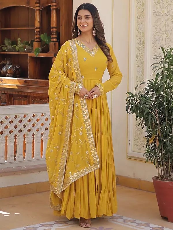 Georgette Yellow Gown With Dupatta And Designer Embroidered Work
