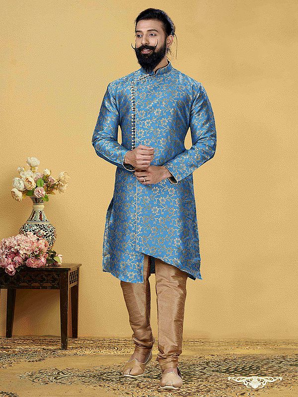 Floral Pattern Jacquard Silk Indo Western Set With Churidar Pajama
