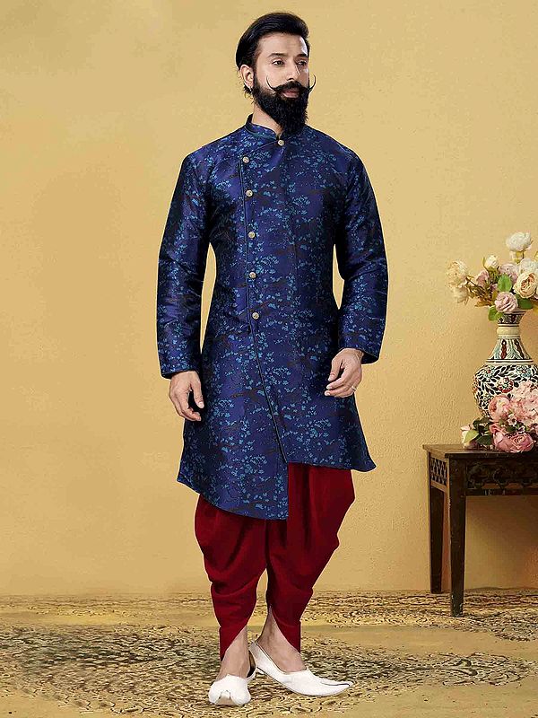 Dark-Blue Vine Pattern Dhoti Style Indo Western Set In Heavy Silk For Men
