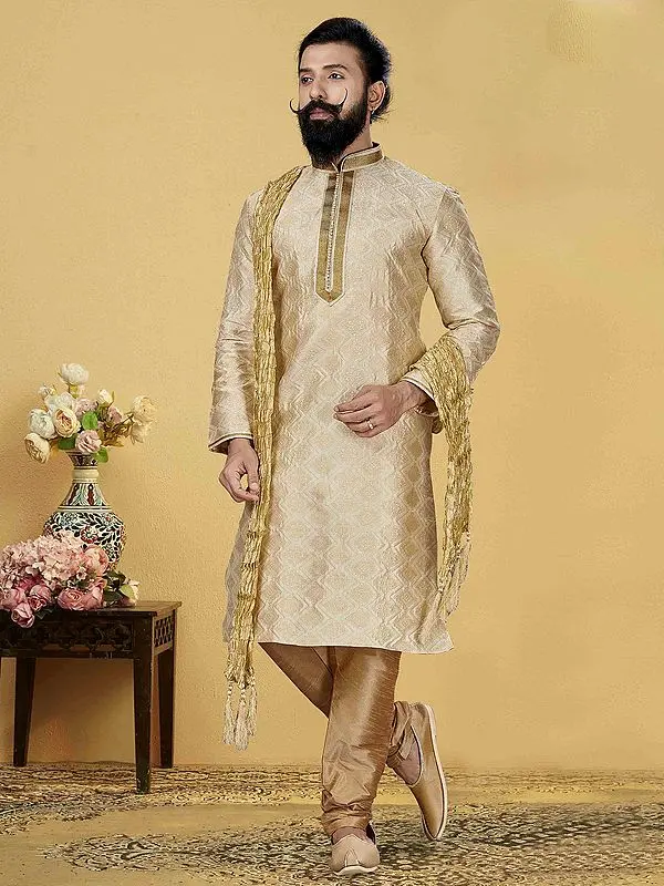Beige Diamond Pattern Jacquard Silk Kurta With Churidar Pajama