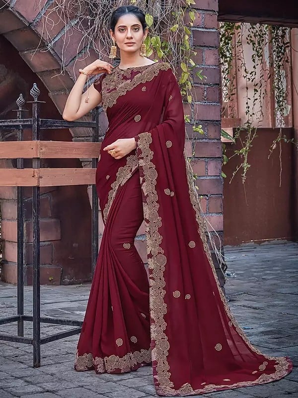 Maroon Oak Colored Silk Georgette Embroidered Saree With Blouse
