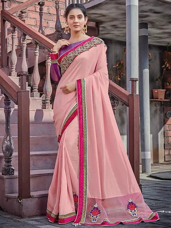 Pale Chestnut Colored Silk Georgette Embroidered Saree With Blouse