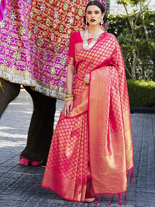 Red-Pink Kumbhi Silk Pure Handloom Weaving Silk Saree
