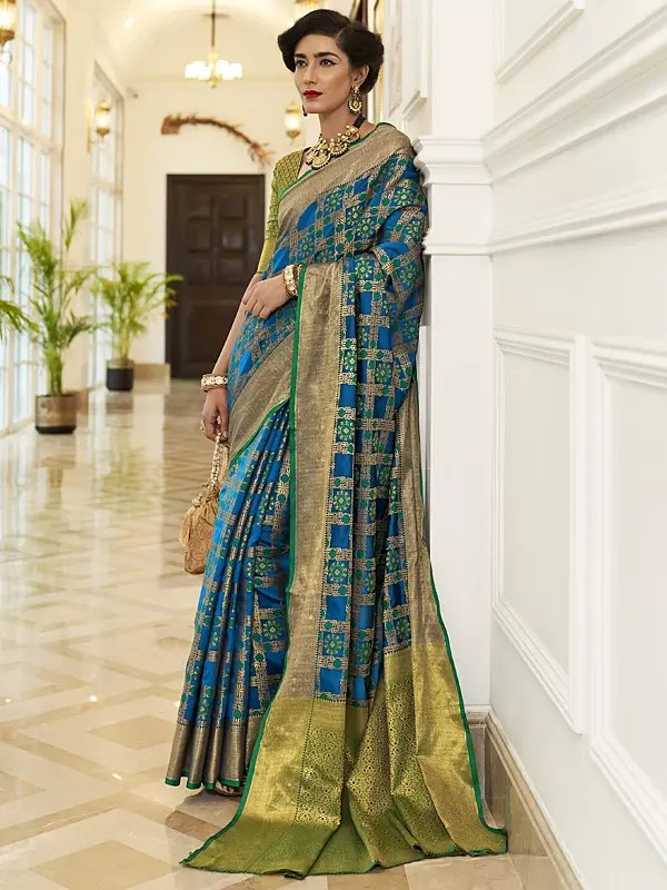 French-Blue Kimisha Silk Handloom Weaving Saree