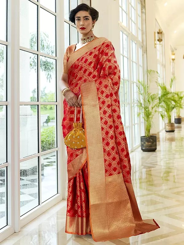 Cadmium-Red Kimisha Silk Indian Patola Handloom Weaving Silk Saree