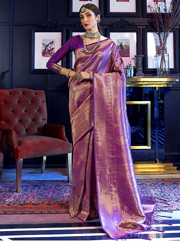 Purple Kandini Silk Hand Woven Indian Saree With Blouse