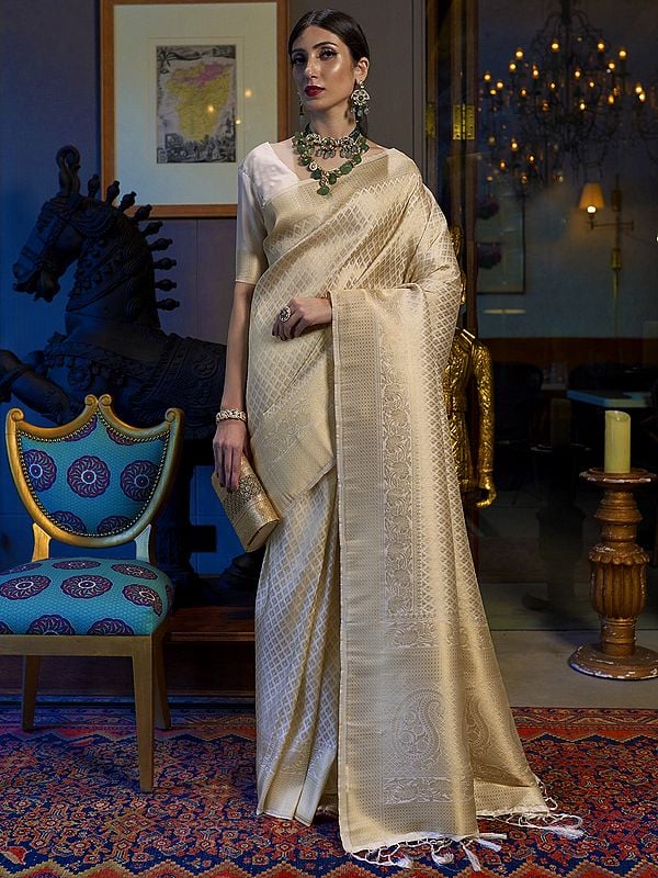Beige Handloom Weaving Silk Saree For Women