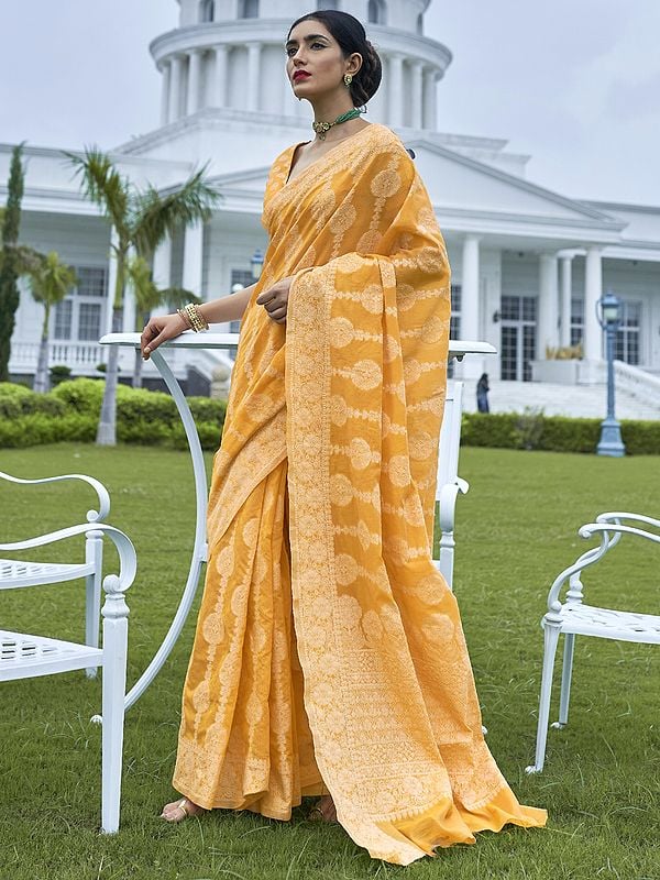 Yellow-Orange Lucknowi Chickankari Woven Saree