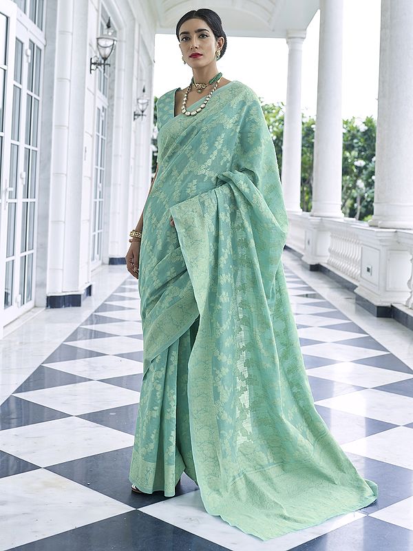 Middle Blue-Green Woven Printed Lucknowi Saree