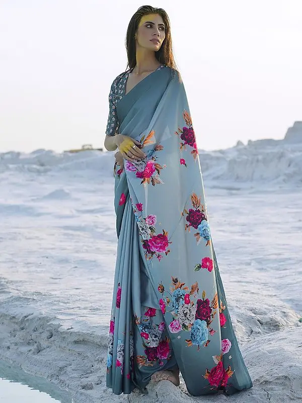 Turkish Blue Digital Printed Crepe Silk Saree