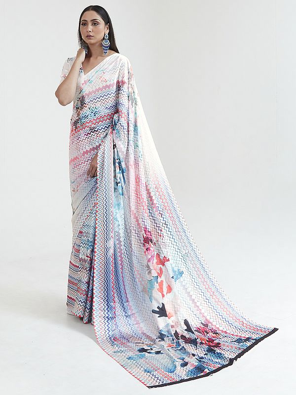 Multi-Color Printoria Digital Edited Silk Saree With Zig Zag Pattern