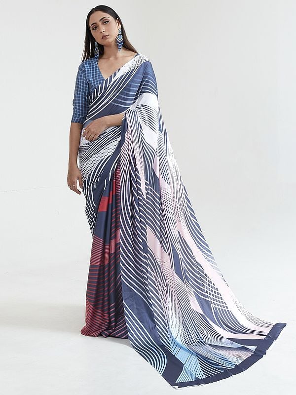Digital Printed Silk Saree With Red-White Strips Pattern