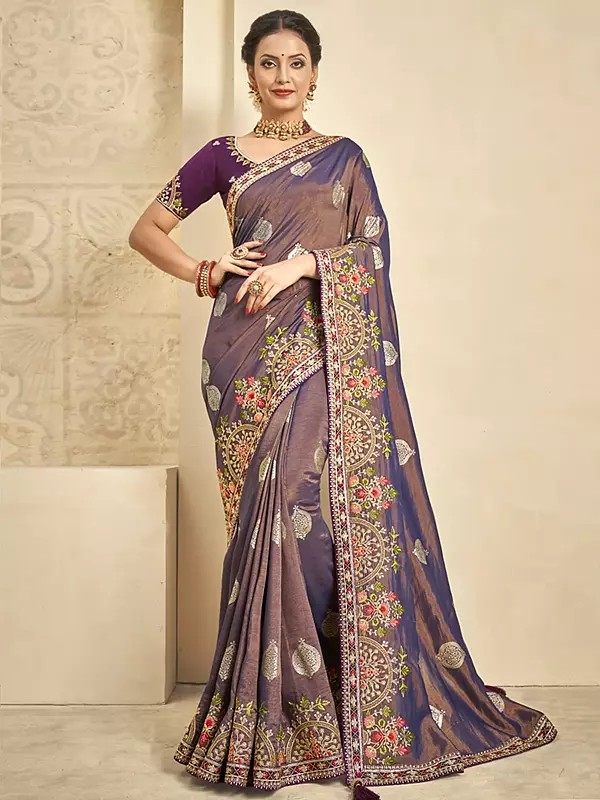 Khadi Silk Embroidered Purple Saree And Flower Motif In Border With Raw Silk Blouse