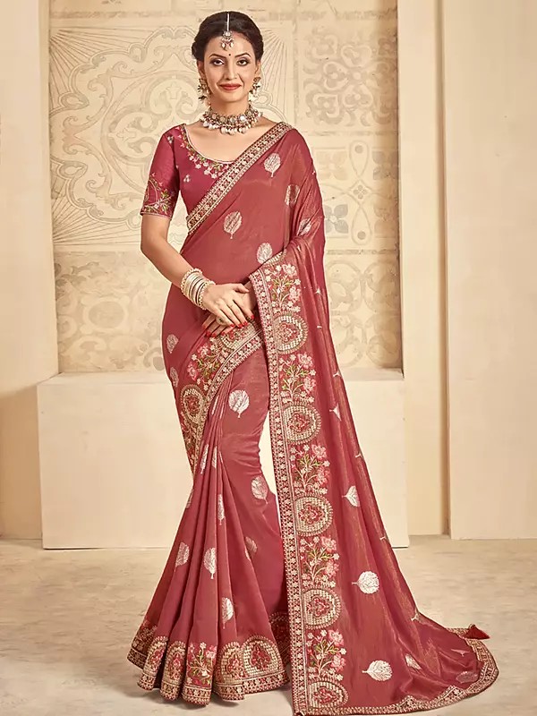Khadi Silk Embroidered Burnt Umber Traditional Saree With Raw Silk Blouse