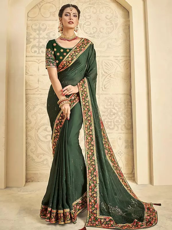 Satin Silk Embroidered Cactus Green Saree And Floral Design In Border With Raw Silk Blouse