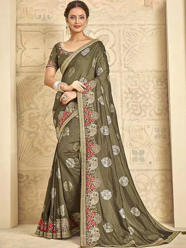 Khadi Silk Embroidered Brownish Grey Saree And Elephant Pattern In Border With Raw Silk Blouse