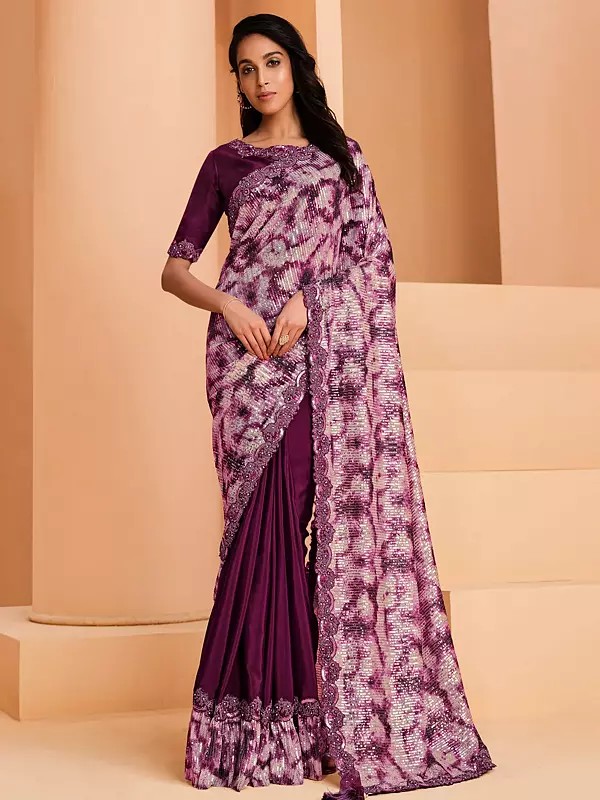 Satin Crepe Silk Embroidered Digital Sequence Pansy Purple Half Net Saree With Blouse