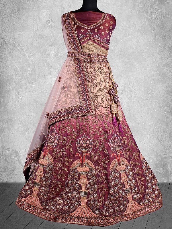 Heavy Embroidered and Zari Raw Silk Two-Tone Bridal Lehenga with Blouse