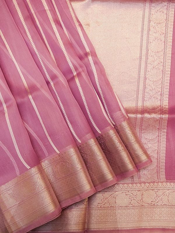 Organza Kora Pure Silk Handloom Banarasi Striped Pattern Saree with Floral Vine Border