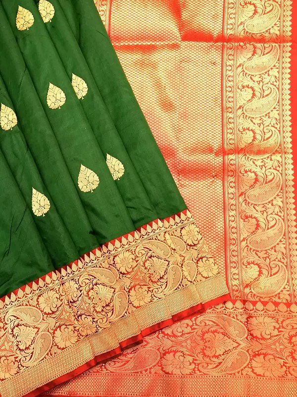 Jelly-Bean Pure Katan Silk Handloom Banarasi Kadwa Bootis Saree with Contrast Border-Blouse