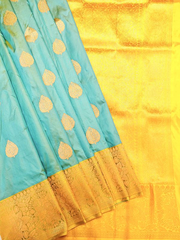 Cabana-Blue Handloom Pure Katan Silk Banarasi Saree with All-Over Bootis and Contrast Blouse-Border