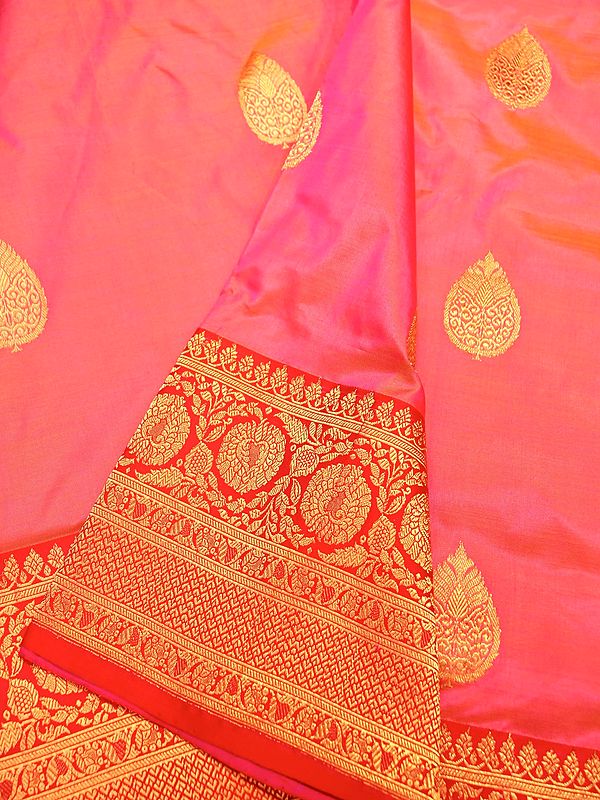 Aurora-Pink Pure Katan Silk Handloom Kadwa Buttis Saree with Betel Vine Pallu and Contrast Blouse-Border