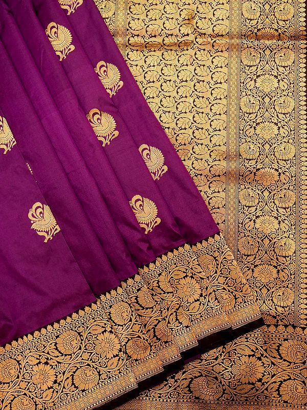 Beautyberry Pure Katan Silk Floral Butta Handloom Saree with Vine Pattern Contrast Border and Blouse