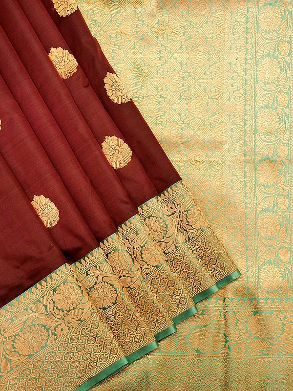 Fired-Brick Pure Katan Silk Handloom Saree with Bootis on All-Over and Contrast Border and Blouse