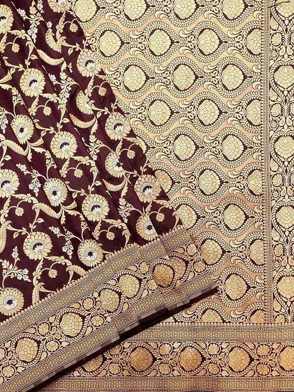 Madder-Brown Jaal Pattern Pure Katan Silk Handloom Saree with Floral Vine Border