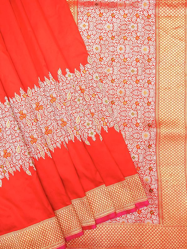 Fiery-Red Pure Katan Silk Handloom Saree with Meena Work Floral Pattern