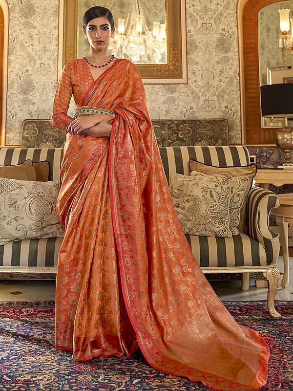 Festive Wear Deep-Orange Silk Saree With Floral Print