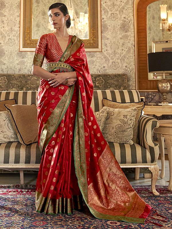 Guardsman-Red Traditional Silk Saree With Golden Buttas