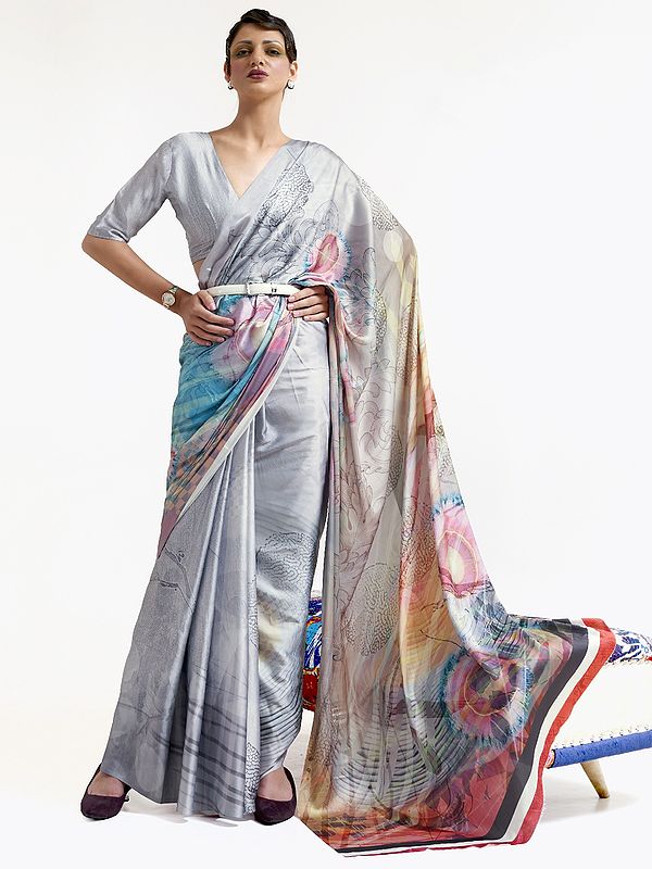 Beautiful Silver Grey Digital Print Saree for Women