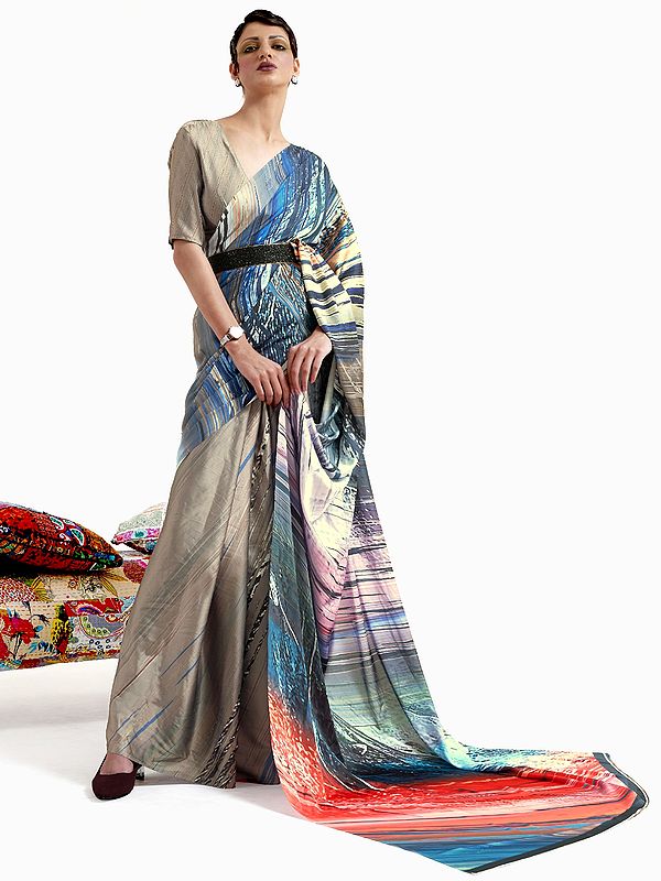 Multicolor Printed Soft Crepe Saree with Blouse