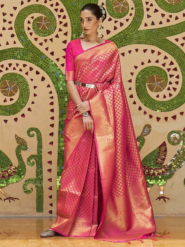 Hot Pink Kinkhab Silk Handloom Saree With Golden Woven Motifs