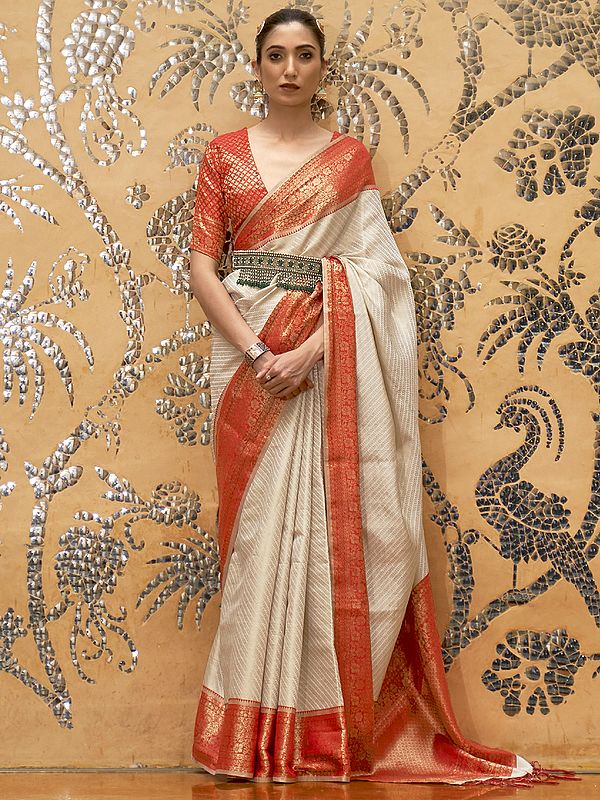 Off White Traditional Soft Silk Saree With Contrast Border