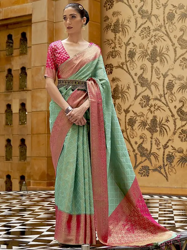 Mint-Green Soft Silk Saree With Elephant Woven Border