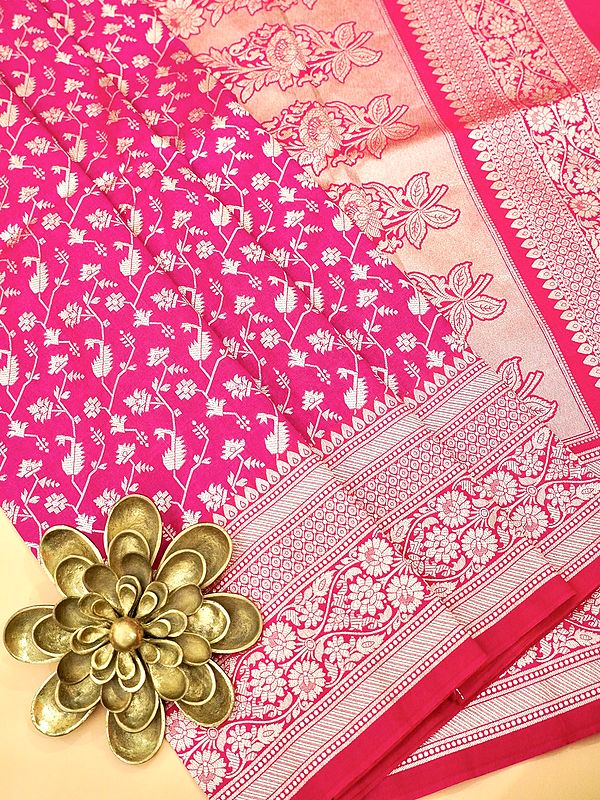 Fuchsia-Pink Floral Wide Border Silk Saree with Tanchoi Weave All-over