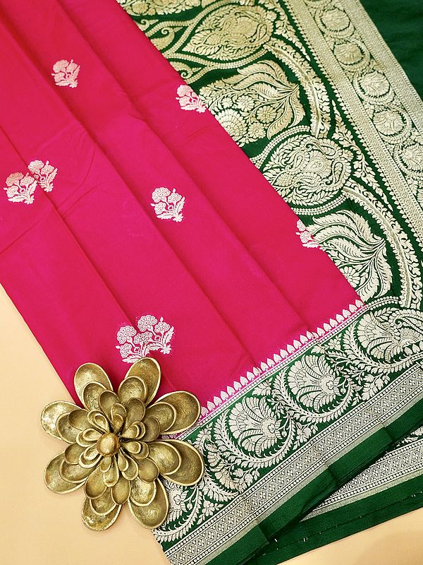 Pink-Peacock Floral Motifs Katan Silk Saree with Contrast Green Border