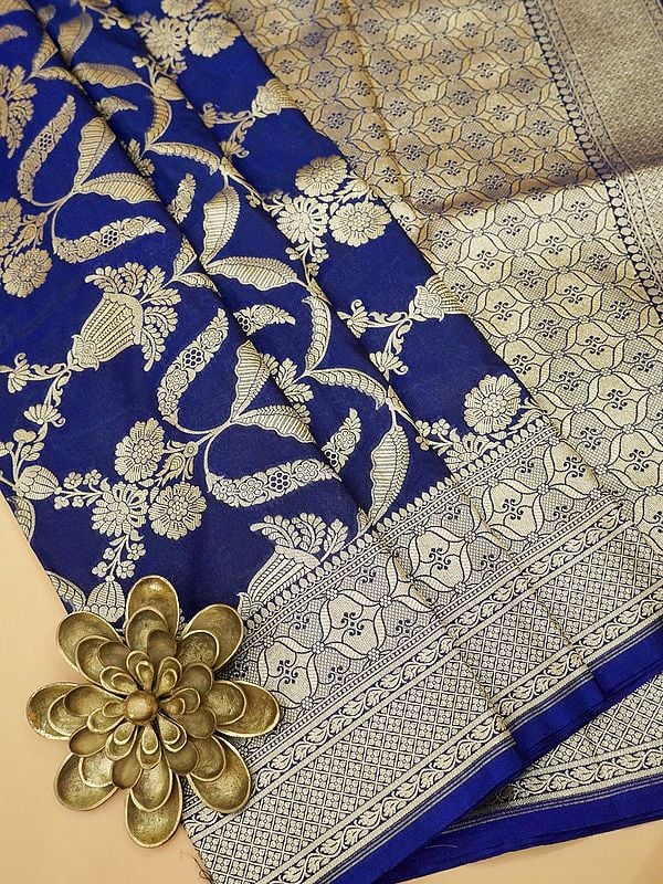 Mazarine-Blue Floral Pattern Tanchoi Weave Silk Saree