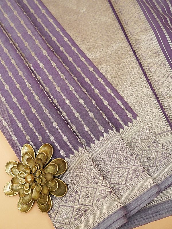 Lavender Organza Silk Stripes Pattern Saree with Diamond Motifs Pallu-Border