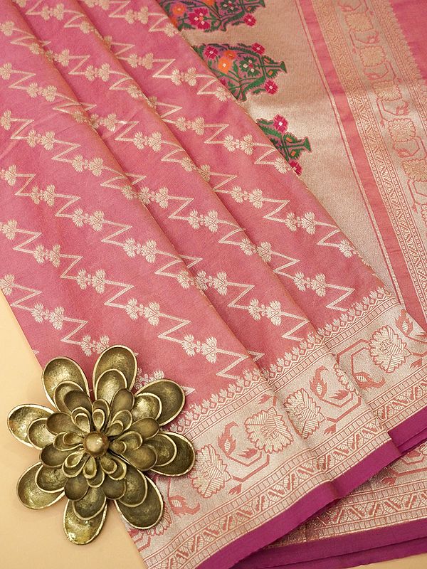 Tickled-Pink Silk Saree with Meenakari Floral Motifs Pallu