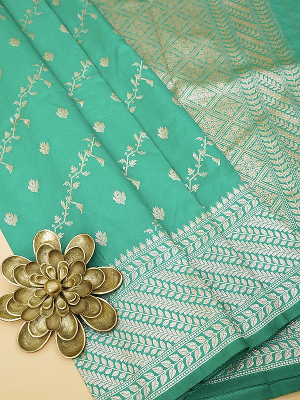 Turquoise Color Silk Saree with Leaf Vine Wide Border