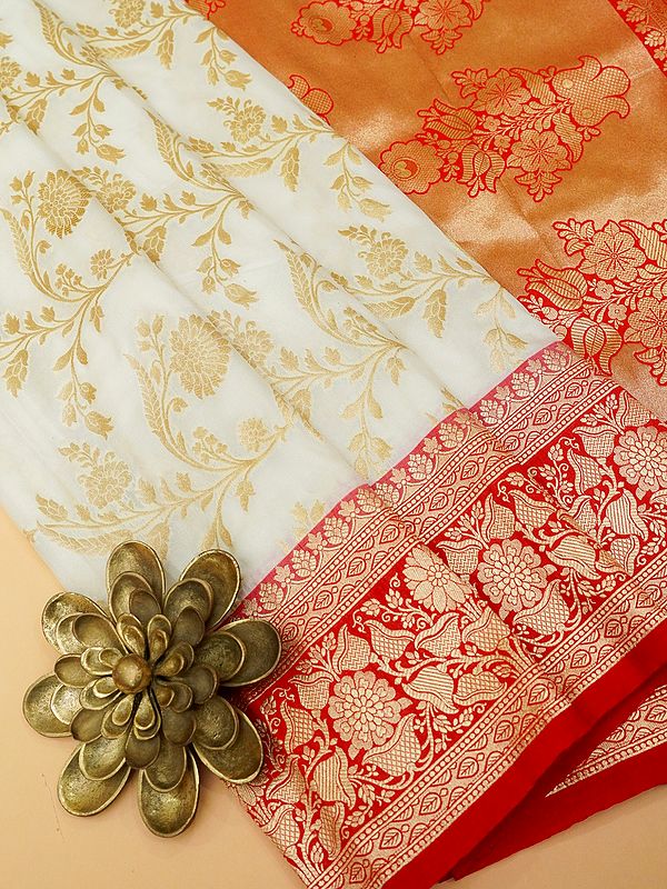 Lucent-White Floral Patterns Katan Silk Saree with Contrast Red Border